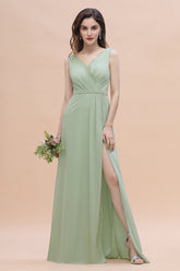 Sexy Chiffon Ruffles Dusty Sage Bridesmaid Dress with Lace Edge On Sale-27dress